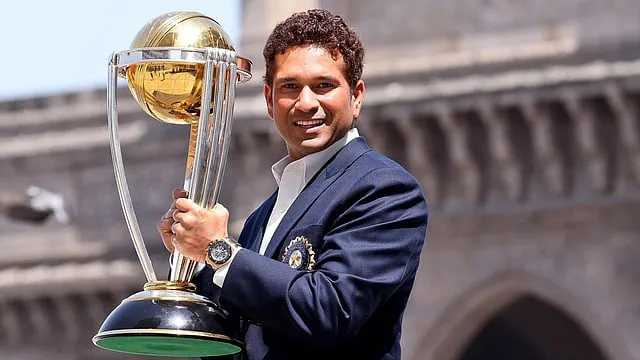 Sachin Tendulkar celebrates the 2011 World Cup win at Wankhede Stadium